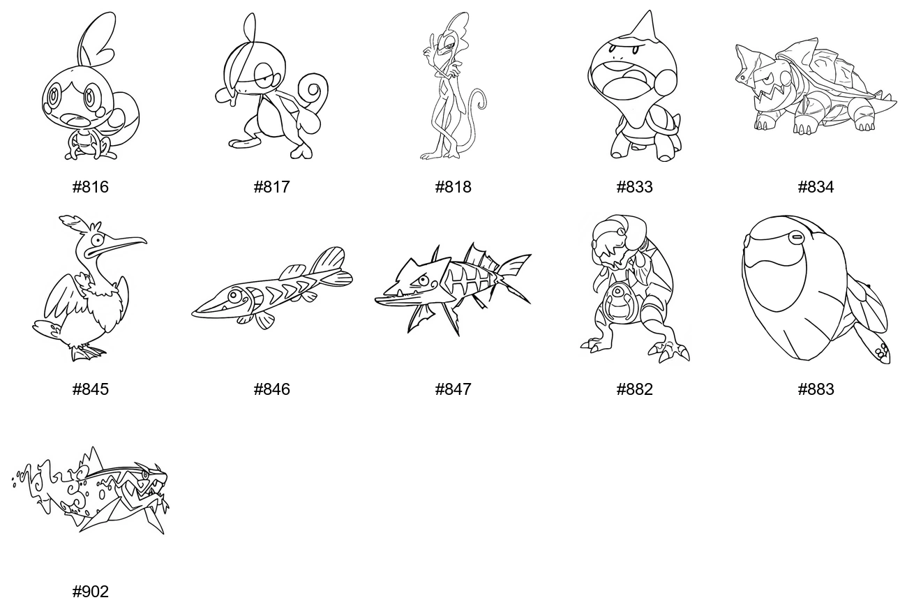 Vesi-tyypin Pokémon-värityskuvat - Sukupolvi 8 - Sobble, Drizzile, Inteleon, Chewtle
